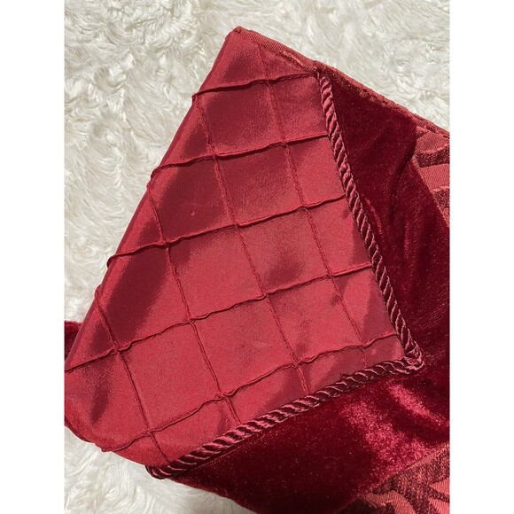 Cranberry Red Floral Christmas Holiday Stocking Embroidered Satin Velvet Trim - Picture 5 of 6